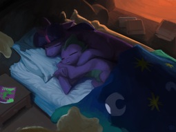 thumbnail of 2682861__safe_artist-colon-redruin01_spike_twilight+sparkle_pony_unicorn_bed_bedroom_book_comfy_cute_duo_female_library_male_mare_moonlight_power+ponies+comic_s.jpg