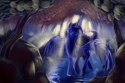 thumbnail of 1579482__dead+source_safe_artist-colon-viwrastupr_princess+luna_alicorn_backlighting_crepuscular+rays_female_forest_mare_pony_solo_spread+wings_water_w.jpeg