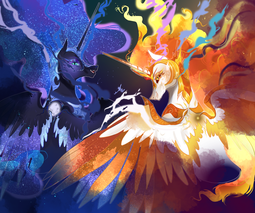 thumbnail of 2698195__safe_artist-colon-bunnari_daybreaker_nightmare+moon_alicorn_pony_alternate+hairstyle_duo_ethereal+mane_evil_fangs_female_grin_helmet_jewelry_mare_open+.png