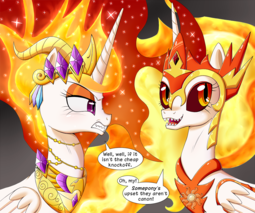 thumbnail of 1464324__safe_artist-colon-deusexequus_daybreaker_nightmare+star_a+royal+problem_alicorn_angry_crown_dialogue_duo_fangs_female_helmet_jewelry_looking+b.png