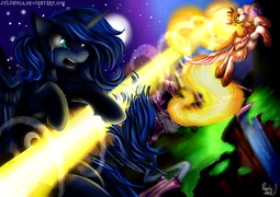 thumbnail of 1726645__safe_artist-colon-julunis14_daybreaker_princess+luna_alternate+universe_banishment_castle+of+the+royal+pony+sisters_fight_flying_hair+cutting_.png