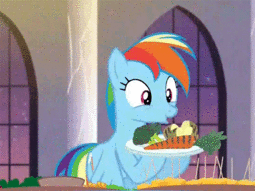 thumbnail of 983244__safe_screencap_rainbow+dash_rarity+investigates_animated_broccoli_buffet+in+the+comments_carrot_cute_dashabetes_eating_nom_potato_solo.gif