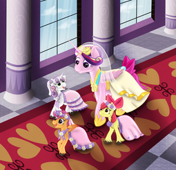 thumbnail of 2074290__safe_artist-colon-serenepony_apple+bloom_princess+cadance_scootaloo_sweetie+belle_alicorn_carpet_clothes_cute_cutie+mark+crusaders_dress_earth.png