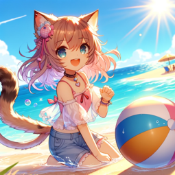 thumbnail of DALL·E 2023-11-12 22.55.56 - Anime-style illustration of a catgirl at the beach. She has cat ears, a fluffy tail, and wears a cute beach outfit. The background features a sunny be.png