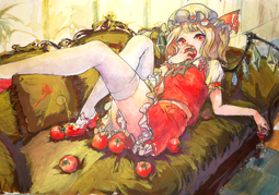 thumbnail of lolibooru 541444 flandre_scarlet foot_out_of_frame frilled_shirt_collar frilled_sleeves multicolored_wings puffy_short_sleeves white_headwear white_thighhighs.jpg