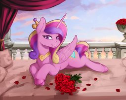 thumbnail of 2689239__safe_artist-colon-dukevonkessel_princess+cadance_alicorn_pony_bed_female_flower_horn_looking+at+you_mare_rose_sky_solo_wings.jpg
