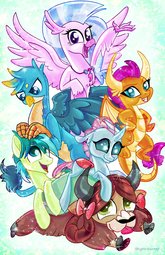 thumbnail of 1967689__safe_artist-colon-sophieascruggs_gallus_ocellus_sandbar_silverstream_smolder_yona_bow_changedling_changeling_classical+hippogriff_cloven+hoove.jpeg