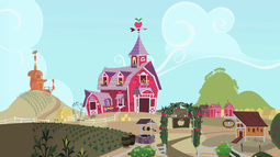 thumbnail of 1637865__safe_screencap_the+show+stoppers_applejack's+house_barn_barrel_chicken+coop_corn_food_hay+bale_no+pony_scenery_sweet+apple+acres_well.jpeg