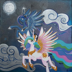 thumbnail of 922534__safe_artist-colon-kerrymairie_princess+celestia_princess+luna_acrylic+painting_flying_moon_night_painting_traditional+art.jpeg