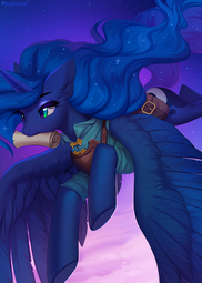 thumbnail of 2812389__safe_artist-colon-margony_derpibooru+import_princess+luna_alicorn_pony_bag_clothes_cloud_female_flying_horn_mare_mouth+hold_saddle+bag_scroll_solo_spre.png