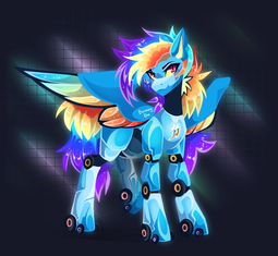 thumbnail of 3439661__safe_alternate+version_artist-colon-buvanybu_derpibooru+import_rainbow+dash_pegasus_pony_robot_robot+pony_black+background_colored+wings_cute_digital+a.png