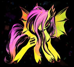 thumbnail of 2886884__safe_artist-colon-enullib_fluttershy_bat+pony_pony_bat+wings_black+background_fangs_female_looking+at+you_pink+mane_pink+tail_red+eyes_simple+backgroun.jpg