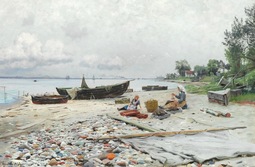thumbnail of Peder Mørk Mønsted (1859–1941) Coastal scene on Hellebaek overlooking Helsingborg and Kronborg - 1892.jpg