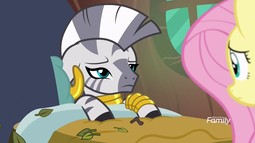 thumbnail of 1663008__safe_fluttershy_zecora_pegasus_pony_zebra_a+health+of+information_bed_discovery+family+logo_leaves_screencap_sick_zecora27s+hut.png