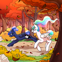 thumbnail of 2157701__safe_artist-colon-goodmode_princess+celestia_princess+luna_alicorn_autumn_female_forest_leaves_pony_running+of+the+leaves_tree.png