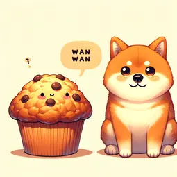 thumbnail of DALL·E 2024-02-05 00.14.46 - A cute, cartoon-style image featuring a muffin and a Shiba Inu dog facing each other. The Shiba Inu is fluffy with a rich orange-brown coat, black nos.webp