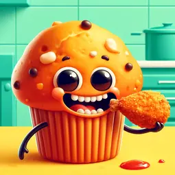 thumbnail of DALL·E 2024-05-16 01.24.50 - A cartoon-style muffin with a mouth and teeth, eating a piece of fried chicken. The muffin has eyes and a cheerful expression. The fried chicken is he.webp