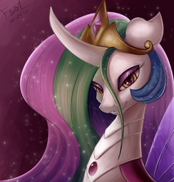 thumbnail of 1615972__safe_artist-colon-foughtdragon01_princess+celestia_bust_changeling_changelingified_changeling+queen_crown_curved+horn_female_jewelry_lidded+ey.jpeg