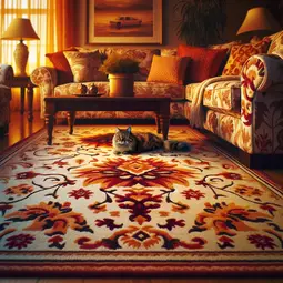 thumbnail of DALL·E 2024-03-03 19.42.24 - A cozy living room scene with warm, soft lighting. In the lower right-hand corner, a cat is cleverly camouflaged against a patterned rug with similar .webp