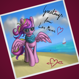 thumbnail of 1719454__safe_artist-colon-cluvry_princess+cadance_alicorn_beach_female_mare_photo_pony_smiling_solo_sunglasses_water.png