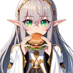 thumbnail of DALL·E 2024-02-26 18.55.54 - Draw an anime-style female elf with waist-length silver hair and a straight fringe, long pointed ears, and bright green eyes. She is eating a hamburge.webp