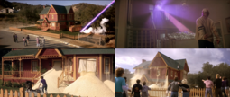 thumbnail of Real Genius, 4 images, space laser, popcorn and Kent enthralled, two guys picking Kent up with popcorn spilling out, and crowd pointing watching house falling down.png