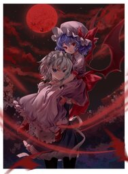 thumbnail of lolibooru 481725 carrying_person collared_dress hair_between_eyes looking_at_viewer maid_headdress remilia_scarlet sitting_on_shoulder touhou_project v-shaped_eyebrows.jpg