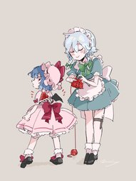 thumbnail of lolibooru 657384 height_difference looking_at_self puffy_short_sleeves ribbon-trimmed_headwear short_hair_with_long_locks simple_background twitter_username.jpg