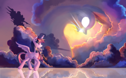 thumbnail of 1205476__safe_artist-colon-gianghanz_twilight+sparkle_alicorn_cloud_glowing+eyes_pony_reflection_scenery_solo_spread+wings_sun_twilight+sparkle+(alic.png