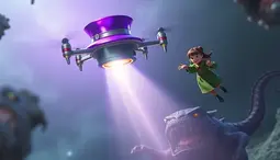 thumbnail of a_flying_drone_in_the_form_of_a_shiny_purple_ladies_hat_shooting_a_ray_of_light_down_on_an-565d5a10-b423-4b27-8c27-5dc39d38579b.webp