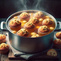 thumbnail of DALL·E 2024-02-28 19.00.49 - A whimsical and imaginative scene featuring a large pot of muffin soup. The soup is based on a clear, golden chicken broth, filled with several muffin.webp