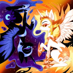 thumbnail of 2655411__safe_artist-colon-candy0s_daybreaker_nightmare+moon_alicorn_pony_a+royal+problem_constellation_duo_ethereal+mane_female_mane+of+fire_mare_sitting_sprea.jpg