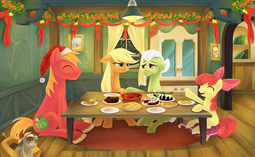 thumbnail of 193138__safe_artist-colon-aurarrius_apple+bloom_applejack_big+macintosh_granny+smith_smarty+pants_apple+family_babyjack_christmas_earth+pony_hat_male_p.png