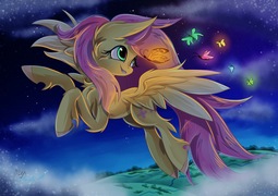 thumbnail of 1626292__safe_artist-colon-alexbluebird_fluttershy_butterfly_female_flying_looking+back_mare_night_pony_smiling_solo_starry+night_stars.jpeg
