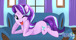 thumbnail of 1673407__safe_artist-colon-xwhitedreamsx_starlight+glimmer_couch_cute_female_glimmerbetes_looking+at+you_mare_one+eye+closed_open+mouth_pony_prone_smil.png
