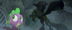 thumbnail of 1705699__safe_screencap_spike_my+little+pony-colon-+the+movie_dragon_hippogriffia_male_mount+aris_scared_solo_statue.png