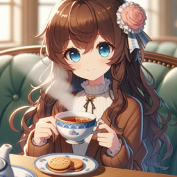 thumbnail of DALL·E 2023-10-31 21.19.37 - Photo of a cute anime girl with long wavy brown hair and blue eyes, sitting at a café table, holding a porcelain cup filled with Earl Grey tea. Steam .png