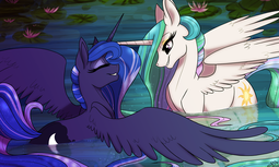 thumbnail of 571048__dead+source_safe_artist-colon-probablyfakeblonde_princess+celestia_princess+luna_alicorn_pony_cute_eyes+closed_female_grin_horns+are+touching_mare_miss.png