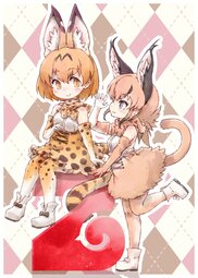 thumbnail of lolibooru 343483 caracal_(kemono_friends) checkered_background cross-laced_clothes eyebrows_visible_through_hair looking_at_another serval_(kemono_friends).jpg