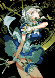 thumbnail of lolibooru 700639 black_background collared_dress feet_out_of_frame holding_knife holding_stopwatch looking_at_viewer maid_headdress small_breasts touhou_project.png