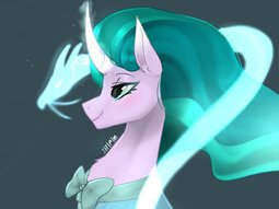 thumbnail of 2158226__safe_artist-colon-siripim111_mistmane_bust_clothes_curved+horn_female_glowing+horn_green+eyes_horn_magical+dragon_side+view_simple+background_.jpeg