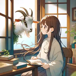 thumbnail of DALL·E 2024-03-14 17.41.50 - An anime girl with long hair sits peacefully by an open window, reading a book. The serene scene is interrupted as a curious goat, attracted by the fl.webp
