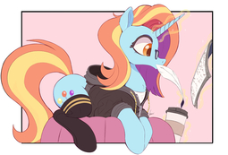 thumbnail of 2684294__safe_artist-colon-ncmares_sassy+saddles_pony_unicorn_book_chest+fluff_clothes_coffee+cup_cup_cushion_ear+fluff_female_hoodie_lying+down_magic_mare_prof.jpg