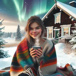 thumbnail of DALL·E 2024-02-28 23.02.21 - A young Finnish woman sitting outside on a snowy day, wrapped in a warm, colorful woolen blanket. She is enjoying a hot cup of coffee, steam visibly r.webp