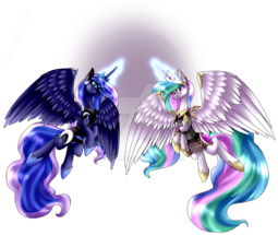 thumbnail of 1736998__safe_artist-colon-yinsenshi_princess+celestia_princess+luna_alicorn_armor_duo_female_flying_glowing+horn_jewelry_looking+at+you_mare_obtrusive.png