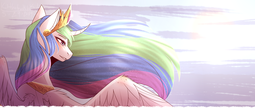 thumbnail of 2053729__safe_artist-colon-thefillyfill_princess+celestia_alicorn_curved+horn_from+behind_horn_jewelry_regalia_sky_smiling_solo_spread+wings_sun_windsw.png