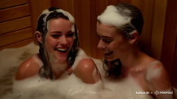 thumbnail of bath laugh Kristen Stewart and Emma Roberts are giggling in a sauna covered in soap, wearing bubbles instead of clothes.mp4