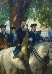 thumbnail of BEGINNING OF THE AMERICAN UNION WASHINGTON SALUTES THE FLAG AS HE TAKES COMMAND OF THE CONTINENTAL ARMY AT CAMBRIDGE, circa 1919 NC Wyeth (2).PNG