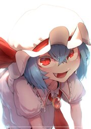 thumbnail of lolibooru 586831 collared_shirt crossed_bangs frilled_shirt_collar leaning_forward looking_at_viewer remilia_scarlet simple_background touhou_project white_background.jpg