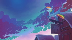 thumbnail of 65870__safe_artist-colon-chromamancer_rainbow+dash_backwards+cutie+mark_cloud_evening_featured+image_female_food_house_looking+away_looking+up_mare_muf.jpg
